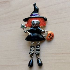Vintage Enamel Halloween Witch Brooch Pin with Moving Beaded Legs